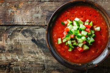 Gazpacho.Traditional Spanish soup.Cold Gazpacho soup.A bowl of classic gazpacho soup garnished with diced cucumber and tomato, set on a rustic wooden table with ample copy space