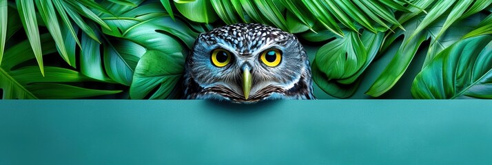 Owl peeking over a teal surface with lush green tropical leaves background, creating a mysterious and captivating wildlife scene.