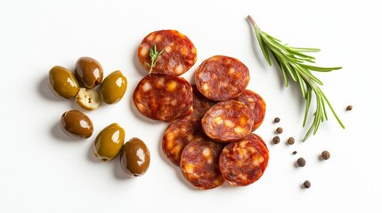 Wall Mural - Sliced chorizo arranged with green olives and fresh rosemary on a clean white background