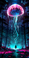 Poster - Mystical Jellyfish Moon in a Forest