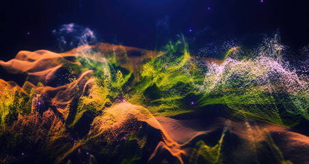 Poster - Abstract moving futuristic landscape of particles and dots of energy magic with glow and blur effect, abstract background