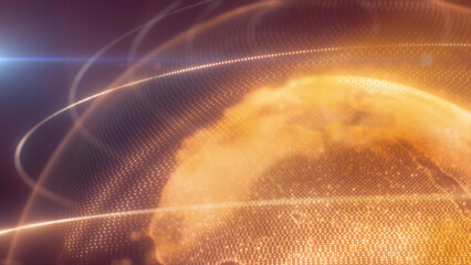 Poster - A digital representation of yellow Earth with glowing lines encircling the planet, highlighting global connectivity and technology