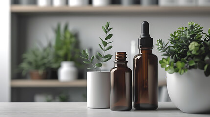 Two amber glass bottles with droppers sit on a white countertop near potted plants. A minimalist, clean aesthetic.