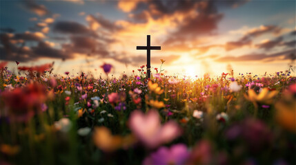 Wall Mural - a cross in the middle of a vast flower garden