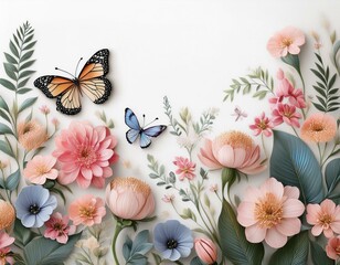 Wall Mural - Detailed artwork of a floral delight on a pastel white background, highlighting flowers, butterfly, and plants.