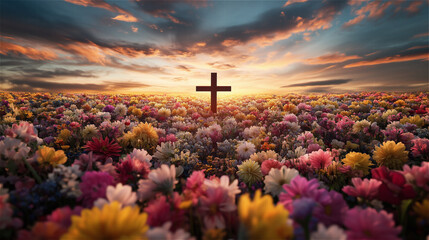 a cross in the middle of a vast flower garden