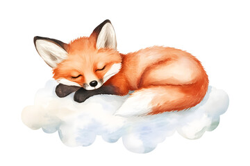 Wall Mural - Watercolor cute fox sleeping on a cloud isolated on white background
