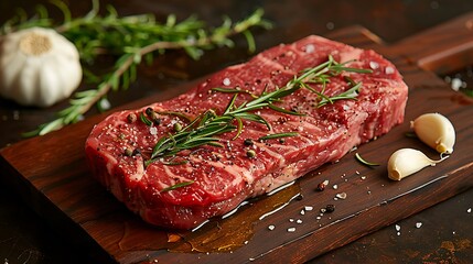 A raw porterhouse steak on a wooden wooden board, olive oil drizzles, fresh rosemary, and garlic bulbs nearby, soft diffused lighting, subtle shadows, rich and warm colors, rustic kitchen vibe.