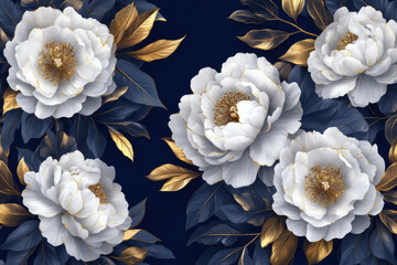 Canvas Print - White Peonies Gold Leaves.