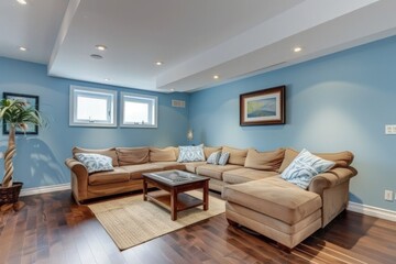 Wall Mural - Basement Living Room Interior with Pastel Blue Walls. Beautifully Designed Space with Bright and Warm Atmosphere