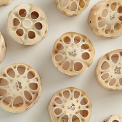 Poster - A flat lay of lotus root slices on a white background.