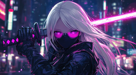 Canvas Print - A cute anime girl with long white hair and purple eyes wearing a black ninja outfit and holding an energy sword