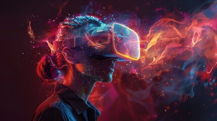 A person immersed in virtual reality experiences vibrant colors and digital effects during a nighttime session