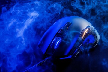Fototapete - An advanced gaming mouse in a dark blue tone with smoke effects