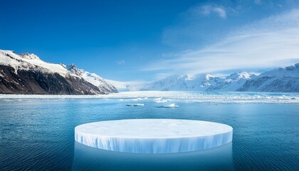 Wall Mural - Icy platform with glacier background for product showcasing.