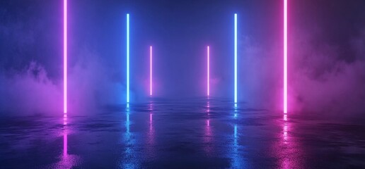 Poster - 3D rendering of a laser show club dark neon sci-fi futuristic retro purple blue glowing ceiling lights concrete grunge garage stage tunnel room hall