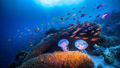 Poster - Jellyfish interacting with swarm of small, colorful fish near vibrant coral reef, bioluminescent glow illuminating scene, lively and captivating.