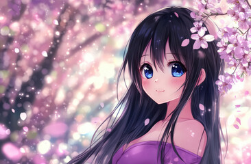 Poster - A cute girl with long black hair and blue eyes, wearing purple under cherry blossom trees