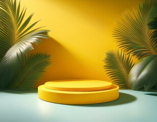 Poster - Lively yellow podium in 3D summer scene, with minimalistic platform and tropical backdrop for beauty items.