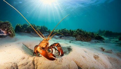 Wall Mural - Lobster emerging from sandy sea floor burrow, surrounding marine life, golden sunlight casting hue, dynamic and lively.