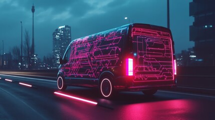 Poster - A selfdriving van uses advanced GPS for efficient package delivery in the city, enabling realtime order tracking via a smartphone app, showcasing the future of logistics and transportation