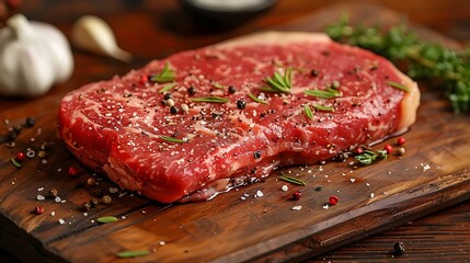 A raw T-bone steak on a wooden wooden board, garnished with scattered peppercorns, garlic cloves, and a sprig of thyme, warm golden hour light casting soft shadows, rich, warm tones,