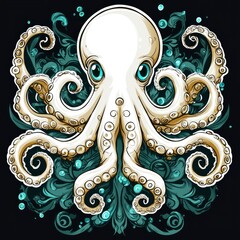 Sticker - Octopus with Ornate Swirls and Bubbles