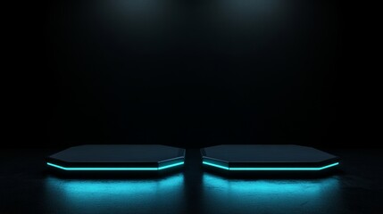 Poster - An empty futuristic podium stands next to a futuristic blue glowing empty showcase. A blank product pedestal for presenting products. An interior concept for the future of technology called the