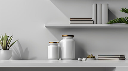 Two white pill bottles with gold lids sit on a white shelf next to a potted plant.