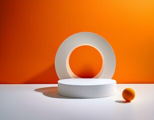 Minimalist orange and white background with white podium and geometric sphere in abstract landscape.