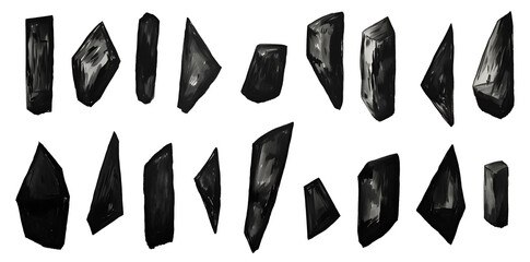 Collection of black gemstones, rendered in a digital art style. Isolated on transparent background