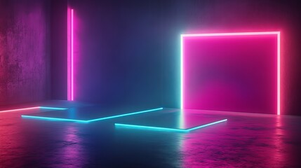 Poster - The background is an abstract neon background with geometric shapes that have a polygonal structure. The podium is a place for products to be shown. The neon lights are colored neon, reminiscent of