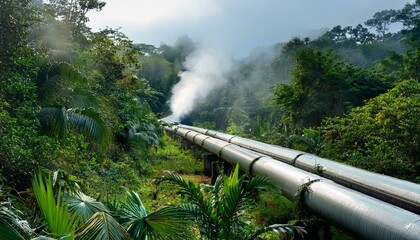 Wall Mural - Oil pipeline in a tropical jungle, cutting through dense foliage with steam rising in a humid environment.