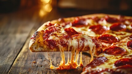 Pizza with salami and mozzarella cheese on a wooden surface