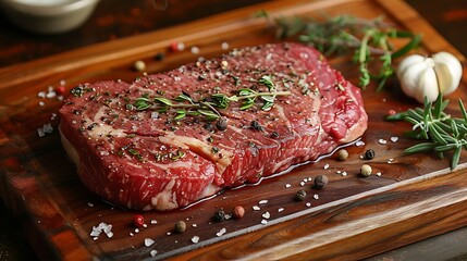 Close-up of a raw T-bone steak on a wooden wooden board, garnished with peppercorns, garlic cloves, and a sprig of thyme, side lighting highlighting the marbling and textures, rustic kitchen setting.