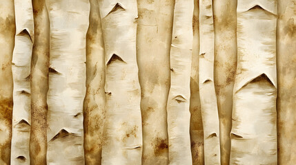 Seamless pattern of watercolor birch tree trunks in white and brown colors with a vintage, aged look.