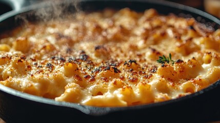 Wall Mural - warm, bubbling mac and cheese in a skillet the ultimate winter comfort food idea captured in an enticing banner display