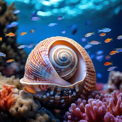 Wall Mural - Sea snail in coral crevice, shell decorated with oceanic patterns, school of small fish, soft ambient light, serene and picturesque.