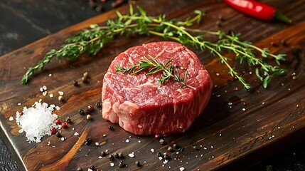 Overhead view of a raw filet mignon on a rustic wooden board, with sprigs of fresh herbs, Himalayan salt, and cracked black pepper sprinkled around, bright natural light from above, vibrant colors,