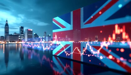 UK economic crisis. United Kingdom flag or Forex for analyzing profit finance business trend data (2)