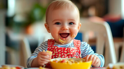 Happy infant baby eats itself