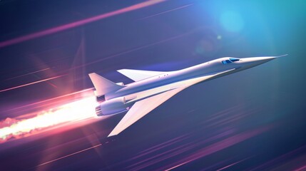 A futuristic white supersonic jet flies at high speed, leaving a trail of fire.