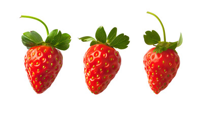 Wall Mural - Three ripe strawberries with green leaves