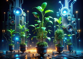 Sticker - Cybernetic Nature Synthesis: Organic forms blended with mechanical components, glowing circuits pulsating within plants