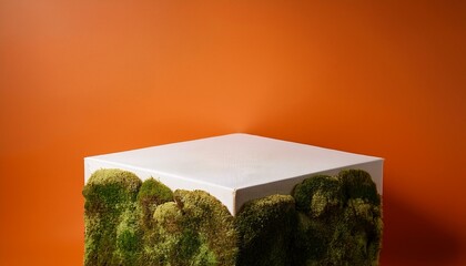 Wall Mural - Textured orange and white canvas with raised platform and moss-covered cube in geometric landscape.