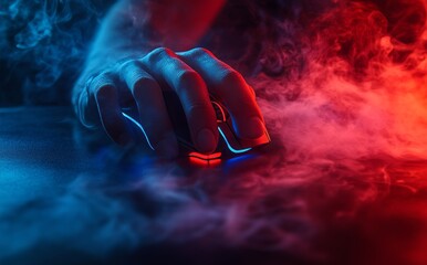 Fototapete - Photo of hand over wireless Game Mouse on dark background with smoke; Finger ready to click