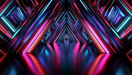 Poster - This visualization shows a geometric figure in neon light against a dark tunnel. Glow from lasers can be seen in the background.