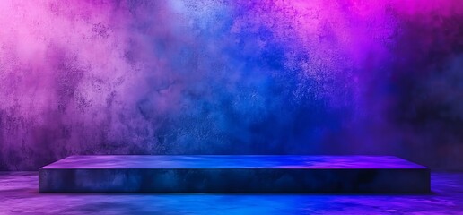 Poster - An elegant futuristic cyber neon studio with big panel lights, blue purple glowing lights on a dark empty grungy concrete room background stage.
