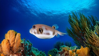 Vibrant pufferfish inflating in clear Caribbean waters, surrounded by colorful coral and marine life, warm and striking.