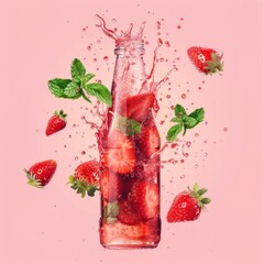 Wall Mural - A glass bottle filled with sliced strawberries and mint, with a splash of liquid and strawberries flying around it.